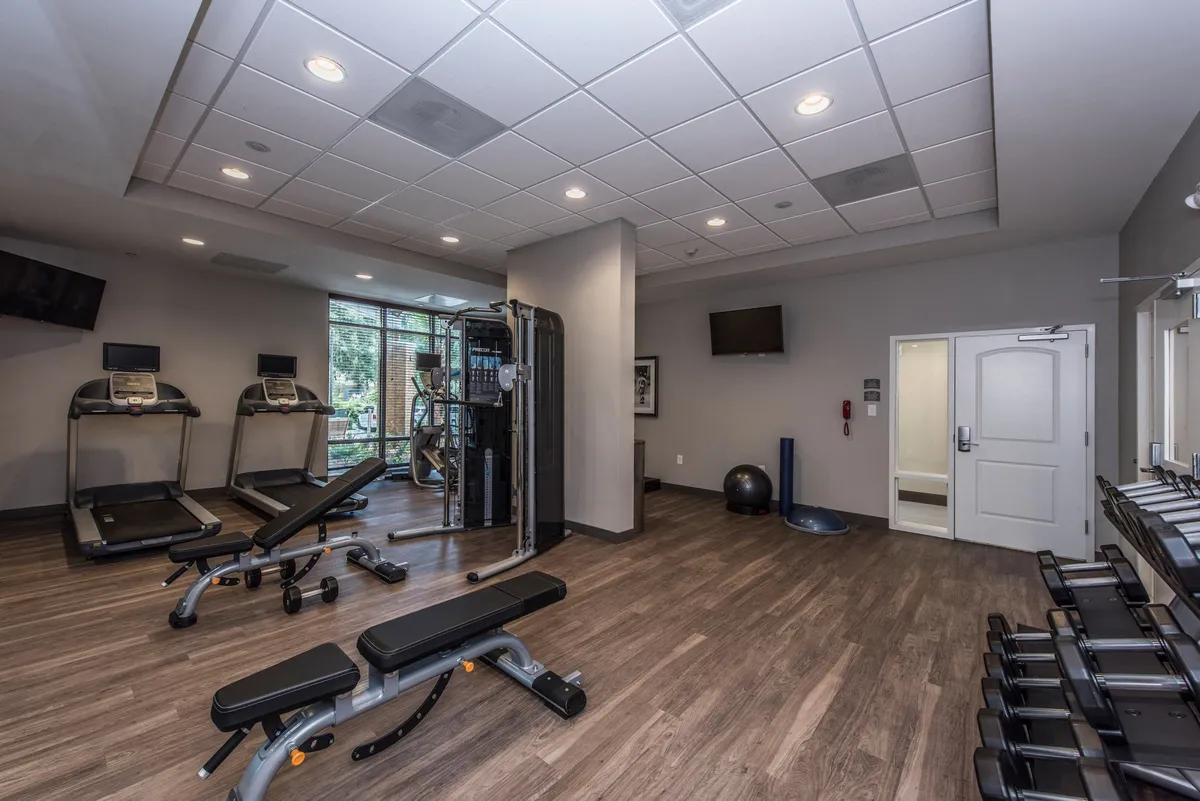 An interior view of a modern fitness center equipped with treadmills, weight machines, exercise benches, and large windows that let in plenty of natural light. The scene exudes energy and motivation, capturing guests engaged in various fitness activities.
